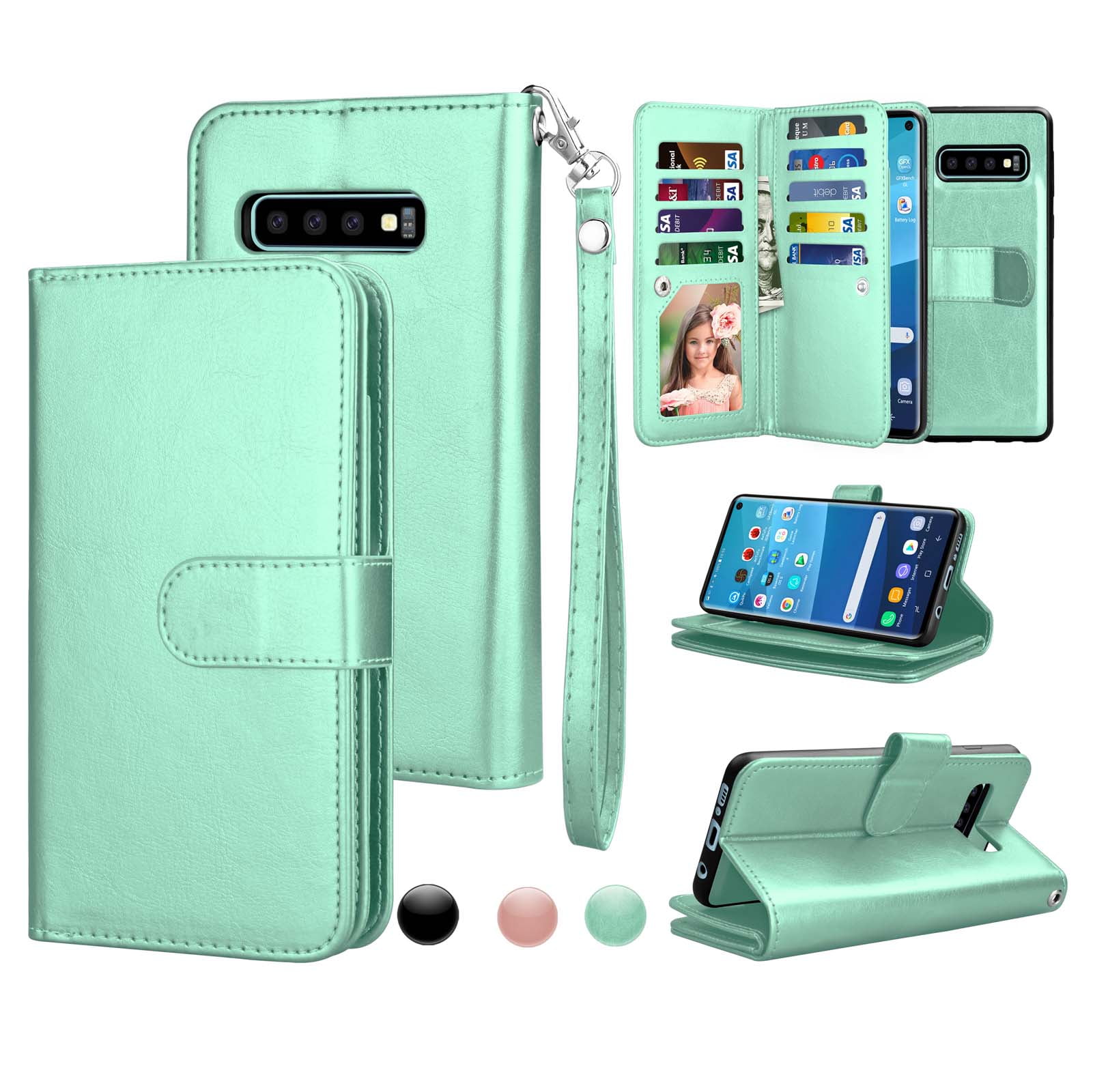 Leather Cover Compatible with Samsung Galaxy S10 Premium Green Wallet Case for Samsung Galaxy S10