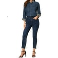 thumbnail image 3 of MODA NOVA Juniors Leopard Button up Long Sleeves Short Denim Shirt with Pockets Blue XS, 3 of 6