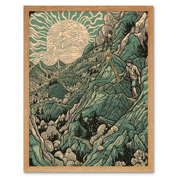 Climb Every Mountain Hikers at Sunrise Linocut Art Print Framed Poster Wall Decor 12x16 inch
