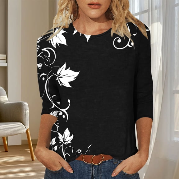 Tops for Women 3/4 Sleeves Printed T-shirt Blouse Round Neck Casual Top,Womens Tops Plus Size Black XL