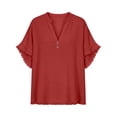 thumbnail image 4 of hlysgo Women's Cotton Blend Tops Notched V Neck Blouse Double Layer Frayed Raw Edge Sleeve Boho Beach Vacation Shirts Red,2xL, 4 of 6