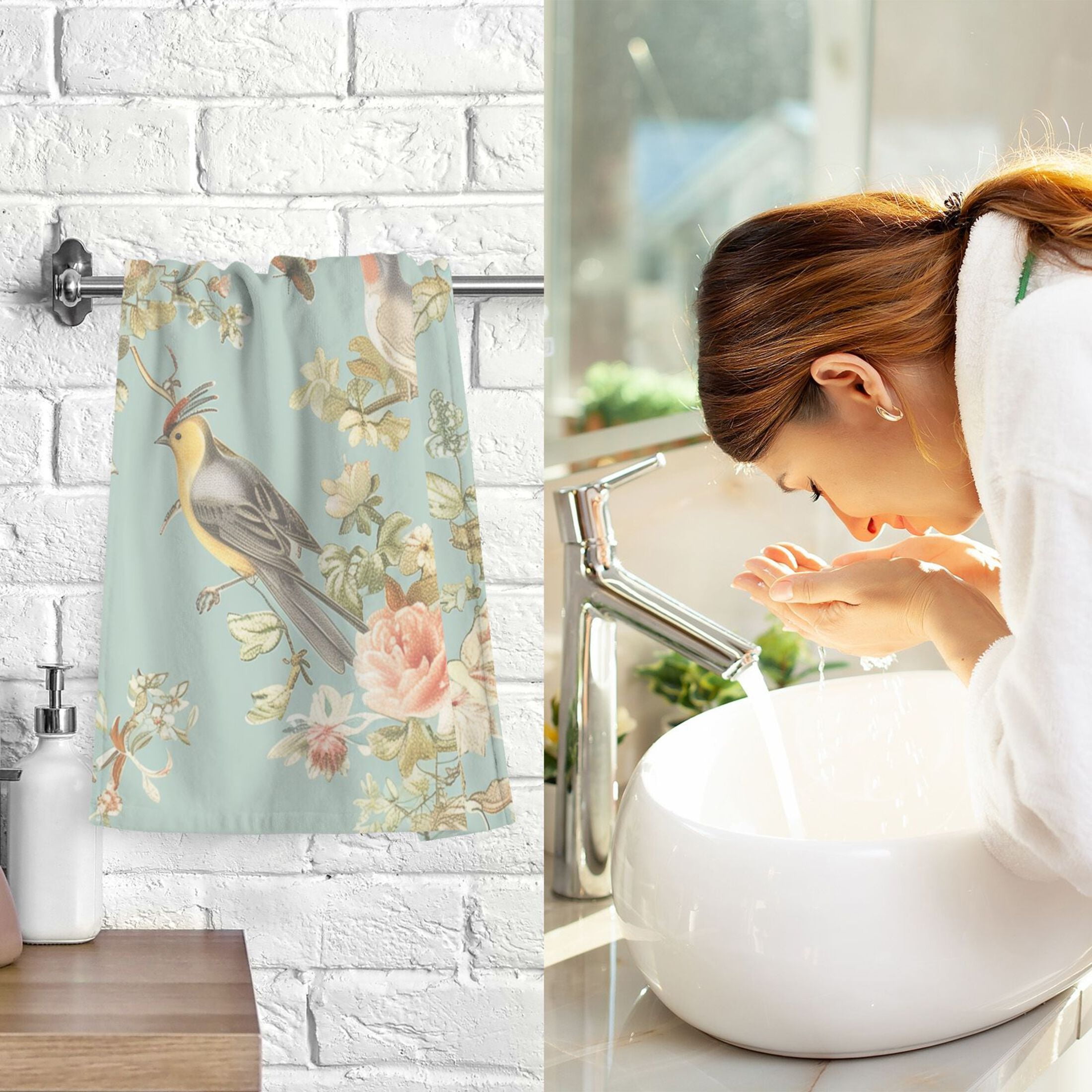 Birds Flowers Frame Hand Towel Set 2 Pcs Cotton Absorbent Soft Face Towels 400 GSM Bath Towels for Bathroom Kitchen Shower Hotel Decor 16"x28"