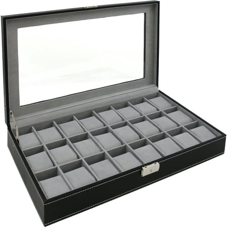 Watch Box Large 24 Mens Black Hinge Leather Display Glass Jewelry Case
