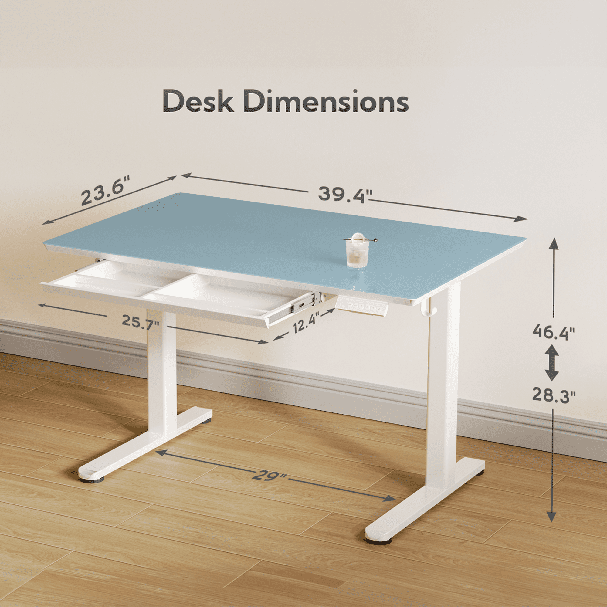 INNOVAR Glass Standing Desk with Drawers, 40 inch Adjustable Height Electric Sit to Stand up Desk, Glass Top Small Standing Teacher Desks with Storage, Morandi Blue