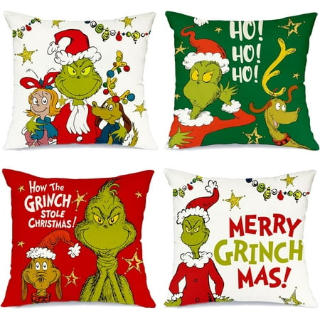 

ChristmasThrowPillowCovers 18x18InchFarmhouseChristmasDecorationsSantaClausHatsXmasTreeWinterHolidayCushionCaseforHome Setof4CoverONLY(MerryGrinchmas 18x18Inch)