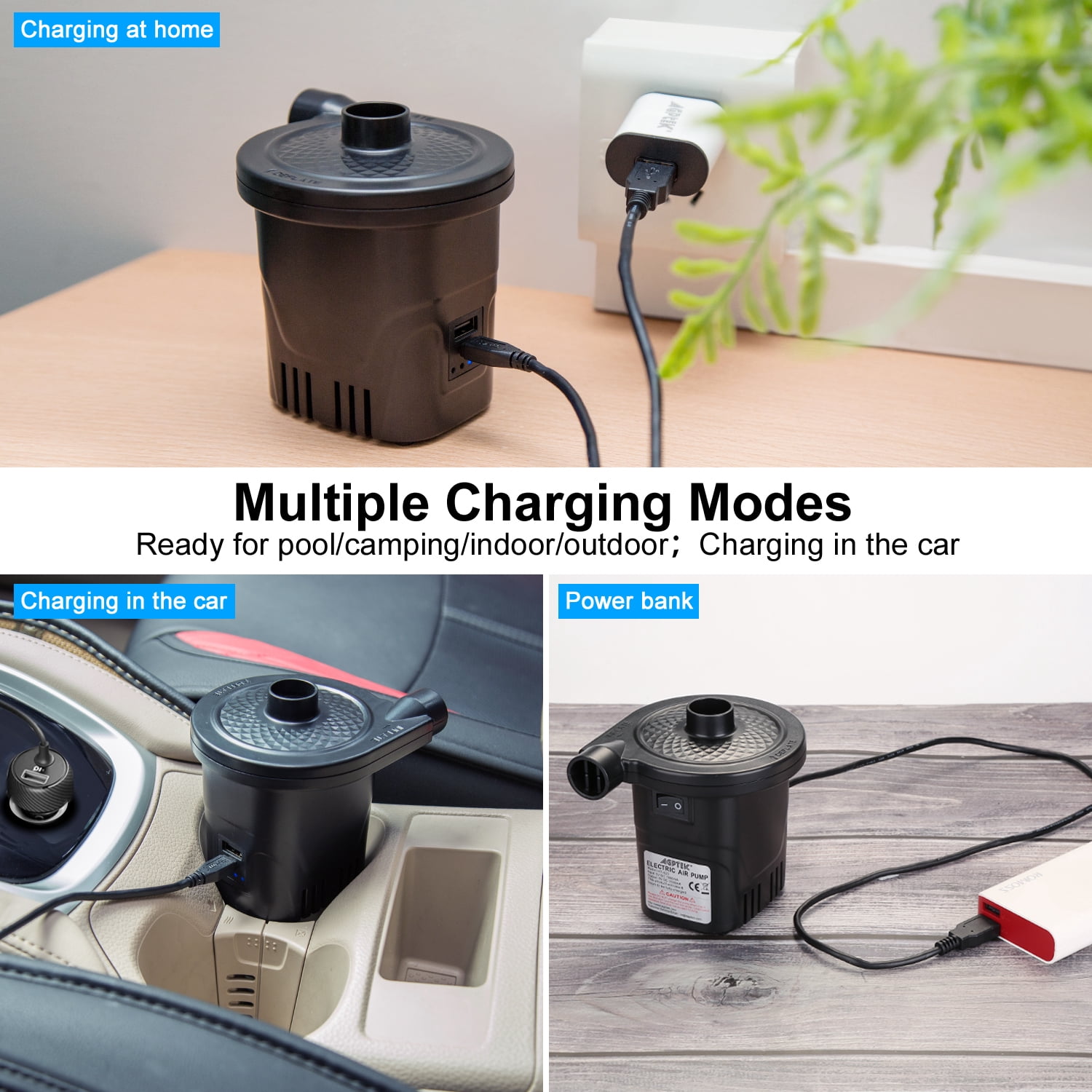 Electric Air Pump Quick-Fill Inflator & Deflator with 3 Nozzles, Lightweight & Portable Rechargeable Air Pump Perfect for Air Beds, Air Mattresses, Pool Toys & Inflatable