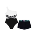 thumbnail image 4 of TiaoBug Kids Girls Swimwear Set Single Shoulder Criss Cross Waistline Crop Top Swimsuit with Briefs Print Shorts 3 Pcs Bathing Suit Black 16, 4 of 7