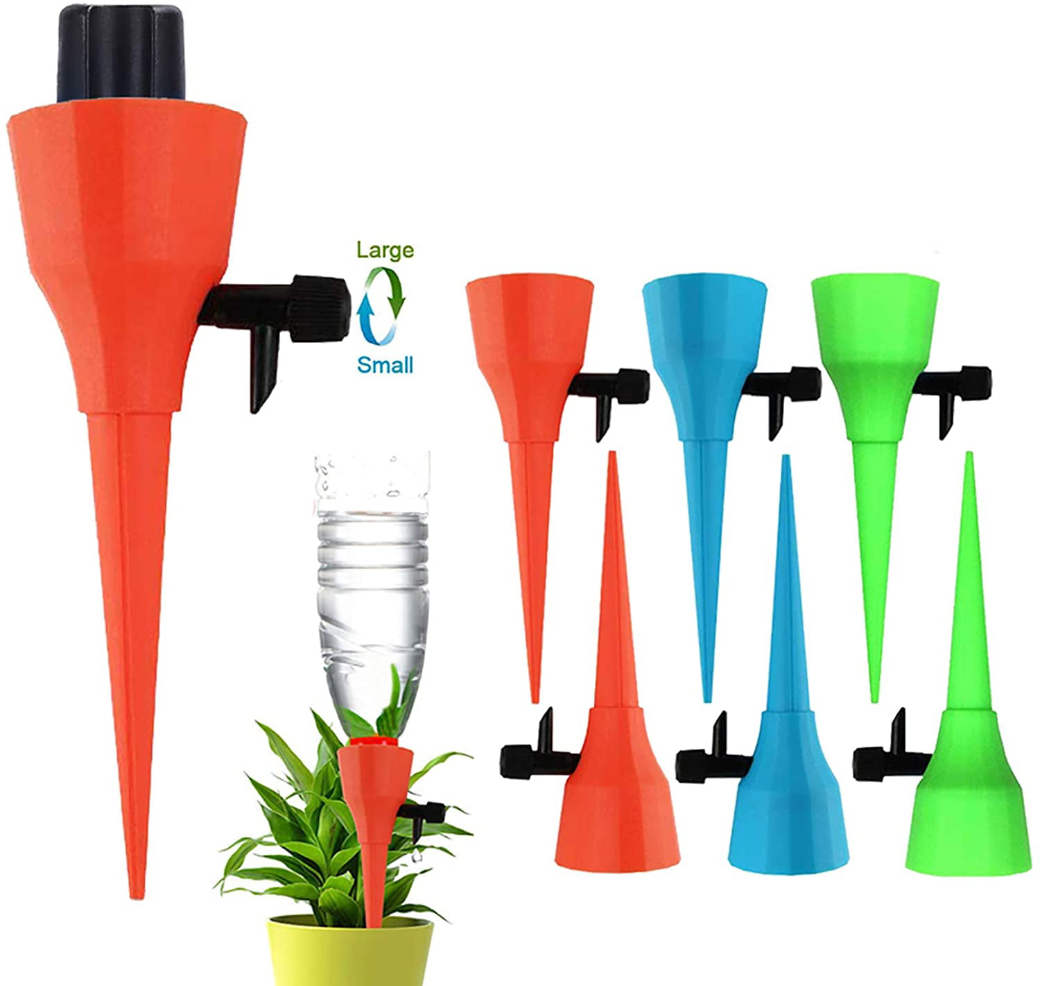 Self Watering Devices Adjustable Water Volume Drip System-12Pack Self Watering Spikes 2 Size Automatic Plant Waterer Slow Release Control Valve Switch Automatic Irrigation Watering Drip System 