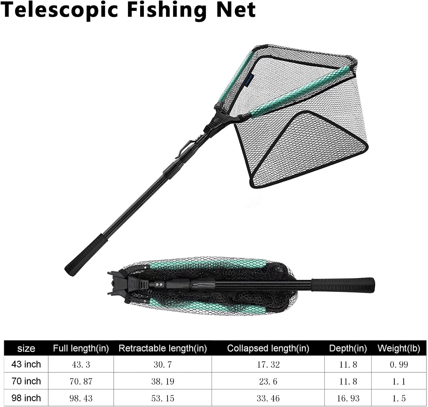 SAN LIKE Fishing Net, Folded Landing Nets with Telescopic Rod Durable  Rubber Coated Net Fly Fishing Net Easy to Catch and Release Saltwater and  Freshwater Use 43inch 