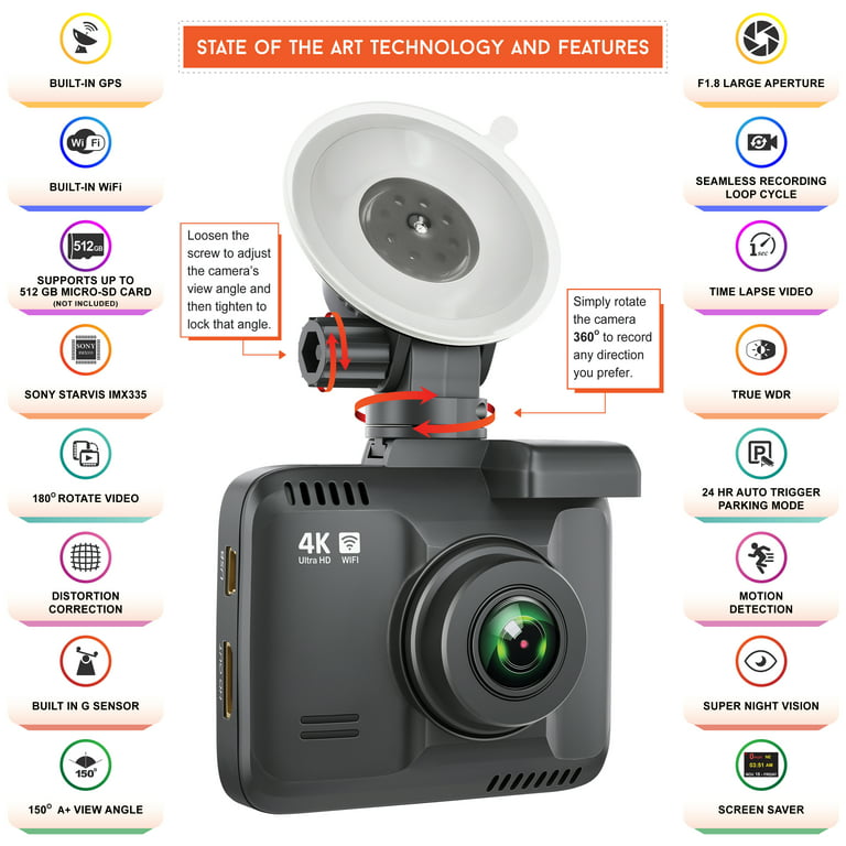 Caméra de tableau de bord Rove R2-4K intégrée WiFi GPS enregistreur de  caméra de tableau de bord de voiture-fonctionnalités complètes/Manaul  d'instructions