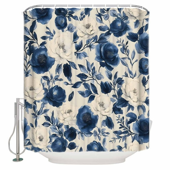 Small Stall Shower Curtain 48x72 Inch Narrow Half Size Navy Blue Beige Peony Bath Curtains Bathroom Decor Vintage Floral Blossom Botanical Waterproof Fabric Shower Curtain Set with Hooks 48 Inch