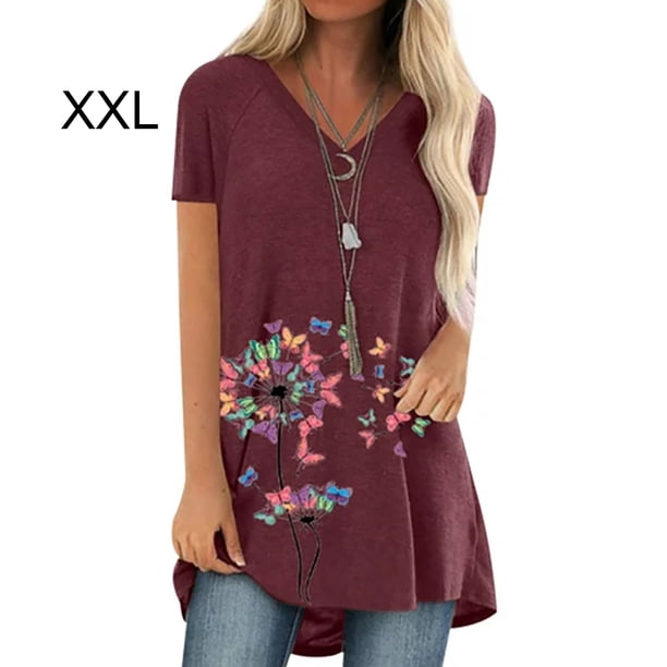 Camiseta con cuello en V, suelta, manga corta, blusa, estampado de mujer, camiseta de verano, rojo, XXL Advancent AP002392-10