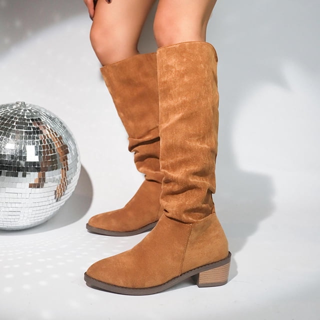 Styesk Boots for Women Women's Fashion Casual Spring Long Boots Solid Color Stitching Round Pointed Toe Set Legs Thick Heel Low Heel Knee Boots Work Boots for Women