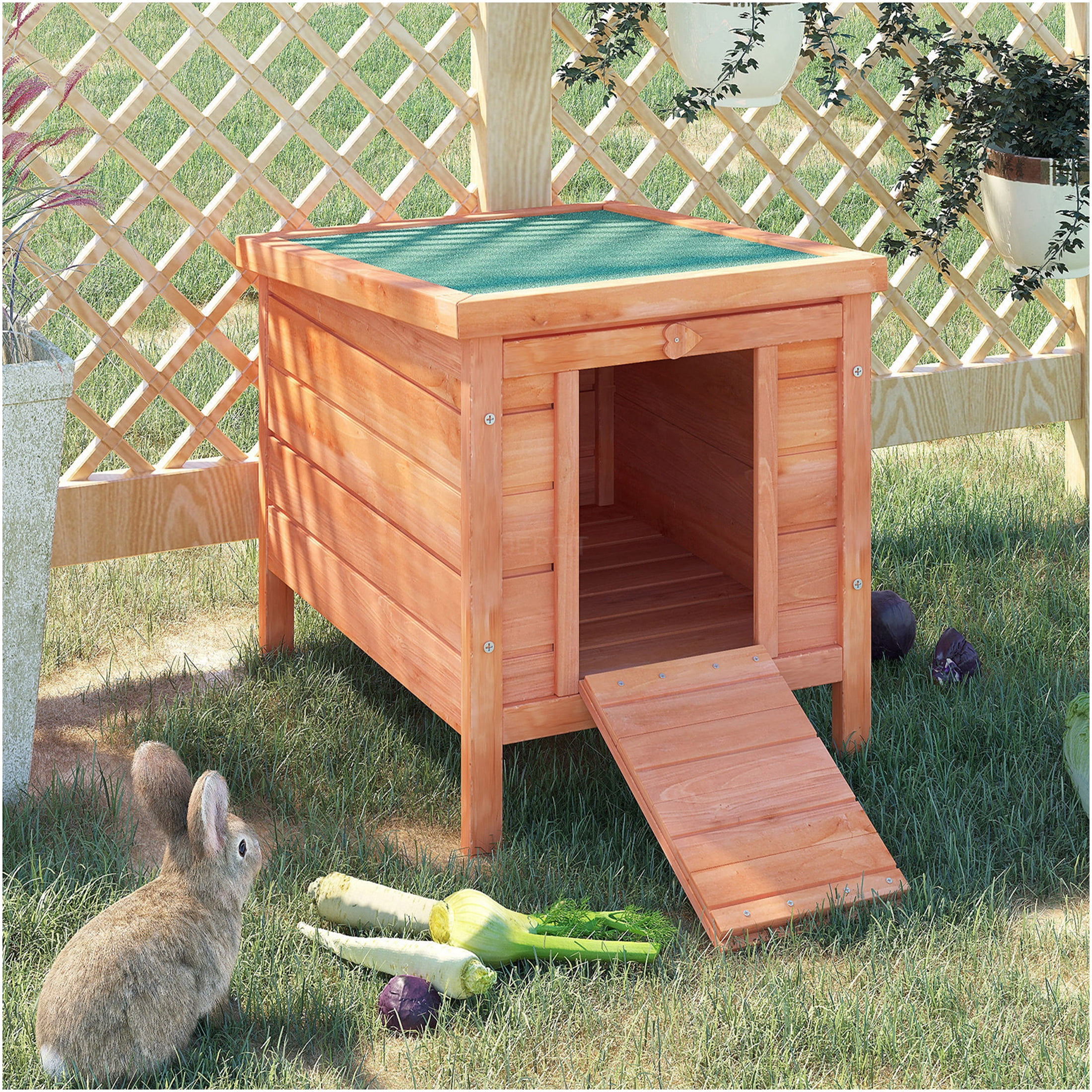 JERFIT Outdoor Rabbit Hutch with Waterproof Roof, Small Animal Cage Wooden House for Rabbits, Guinea Pigs, Ducks, Puppies, Raised Floor, Easy-Clean, Weather Resistant, Natural