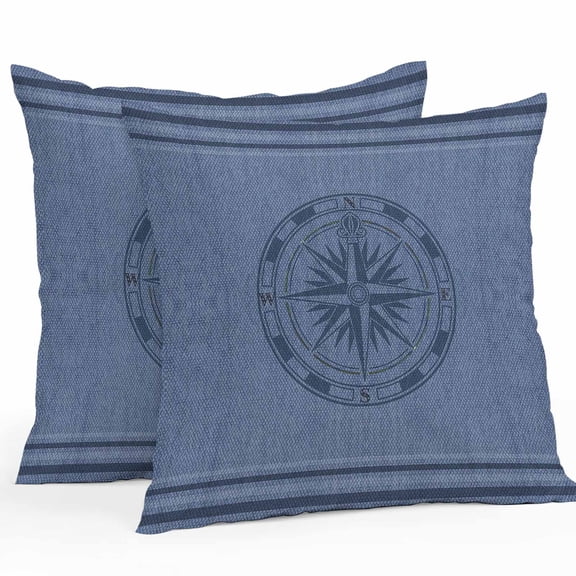 Throw Pillow Covers 16x16 Inch Set of 2, Nautical Compass Waterproof Outdoor Pillow Covers, Navy Blue Striped Coastal Compass Decorative Cushion Pillowcases for Couch, Sofa, Bed, Garden, Patio