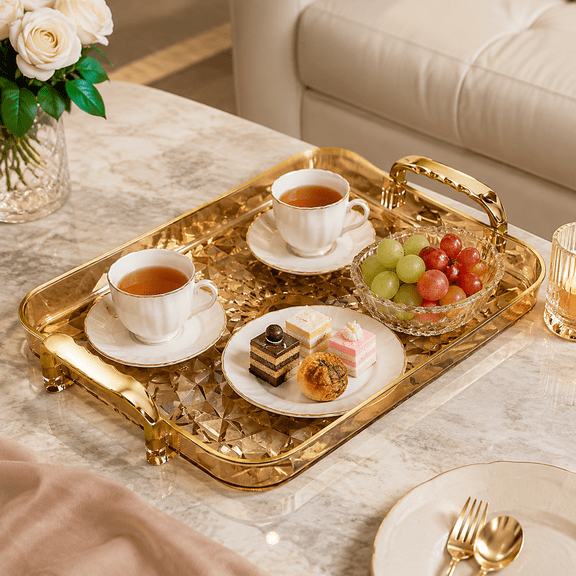 Liujiale Gold Serving Tray with Handled, 13.38x8.26 Inch PVC Coffee Bar Organizer Stackable Reusable Trays Serving Platters for Party, Charcuterie, Fruit, Appetizer(1pcs)