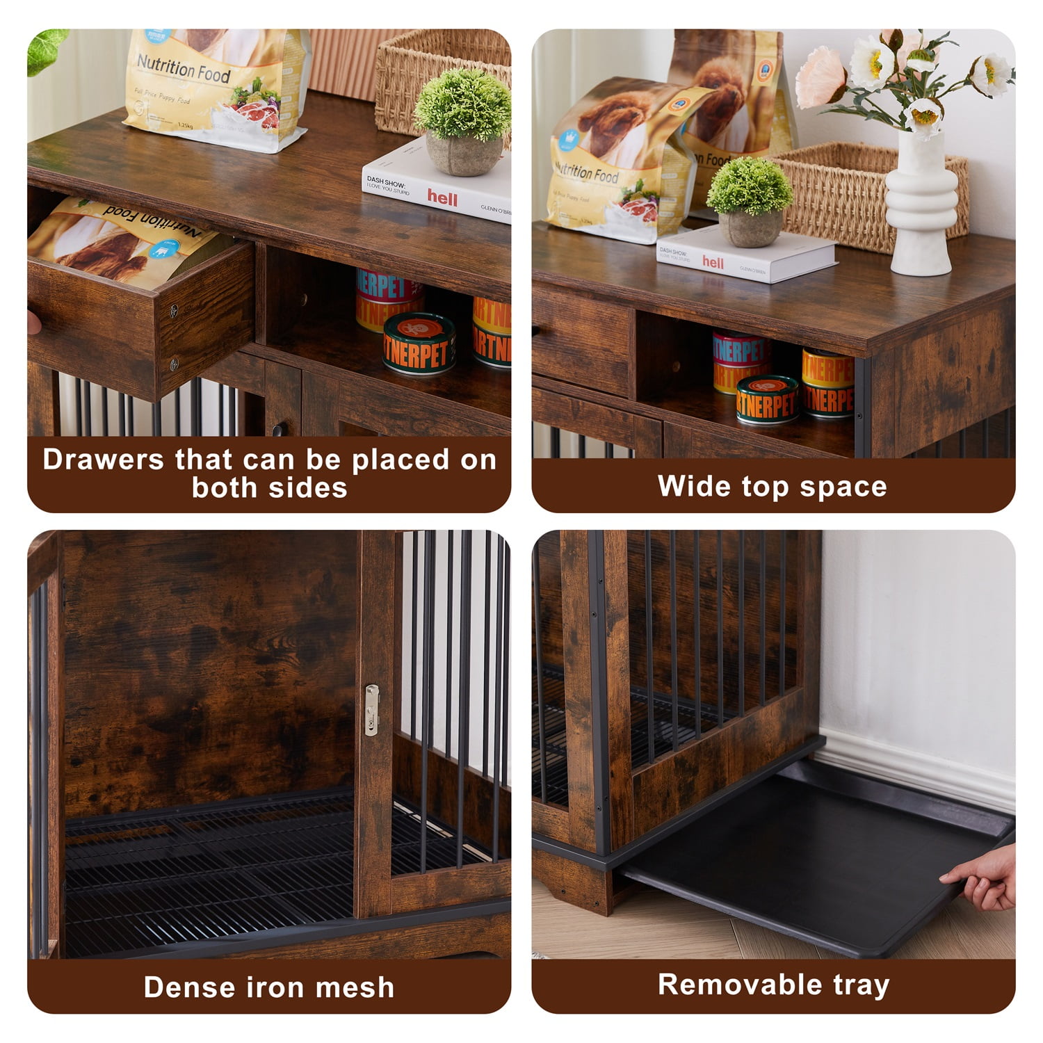 Pefilos 37.8" Dog Crates for Indoor Dogs, Heavy-Duty Dog Cage Furniture, Decorative Wood Kennels with Removable Trays and Feeding Bowls, Brown Pefilos 37.8" Dog Crates for Indoor Dogs, Heavy-Duty Dog Cage Furniture, Decorative Wood Kennels with Removable Trays and Feeding Bowls, Brown