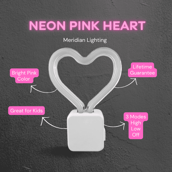 Meridian LED Pink Neon Heart Night Light, 3 Modes, 4.75in by 3.25in