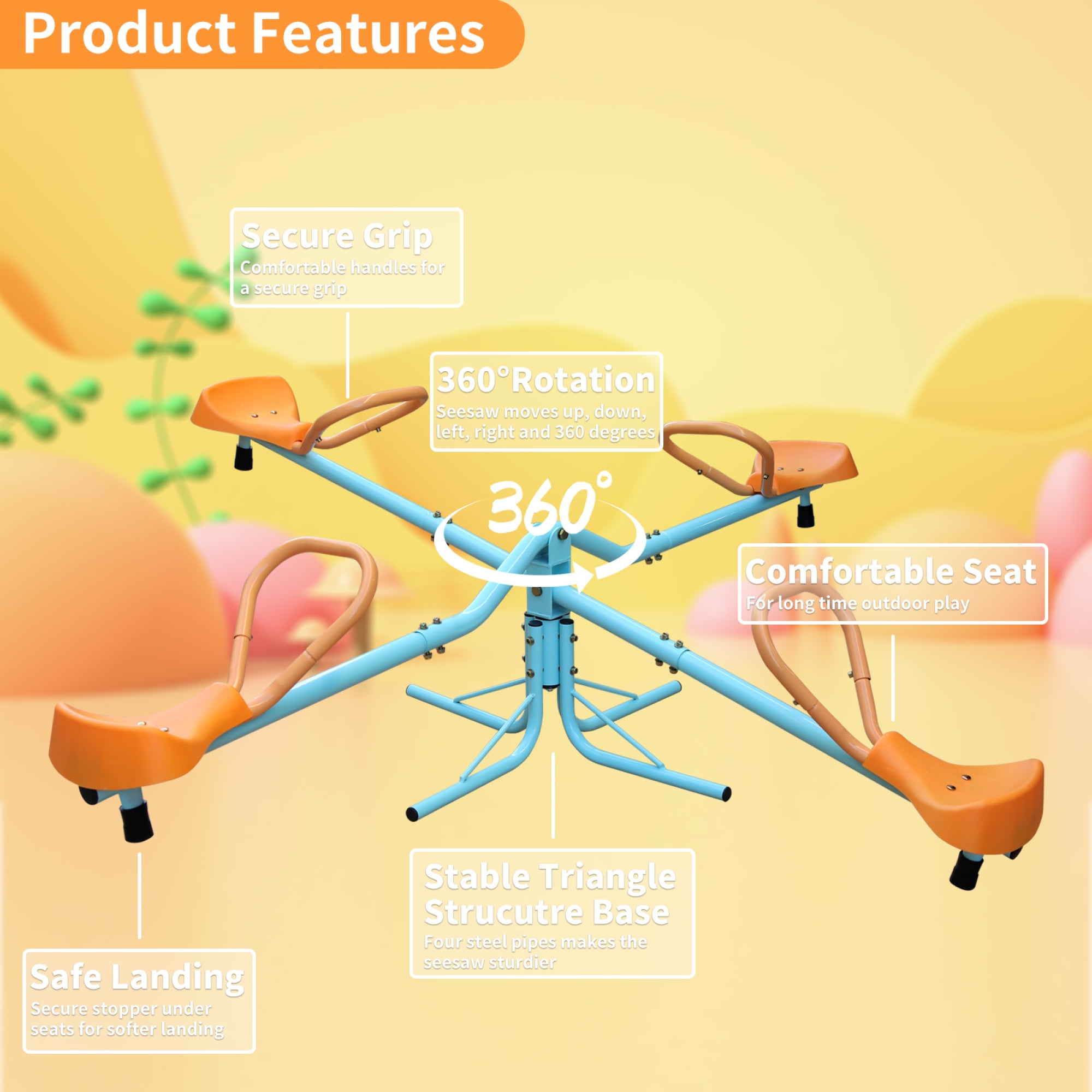 Teeter Totter for Kids,Kids Seesaw Swivel Teeter Totter Home Playground Equipment,360 Degrees Rotating Safe,4-Seats for Kids,Boys, Children,Blue Orange