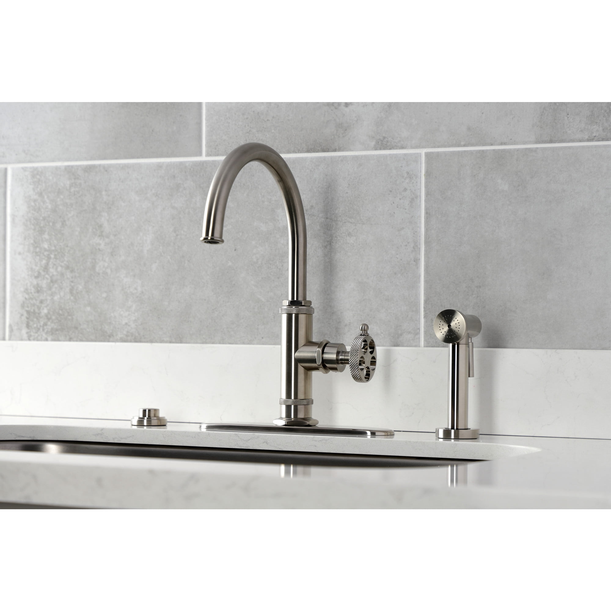 Kingston Brass KS2438RKX Webb Single-Handle Kitchen Faucet with Knurled Handle and Brass Side Sprayer, Brushed Nickel