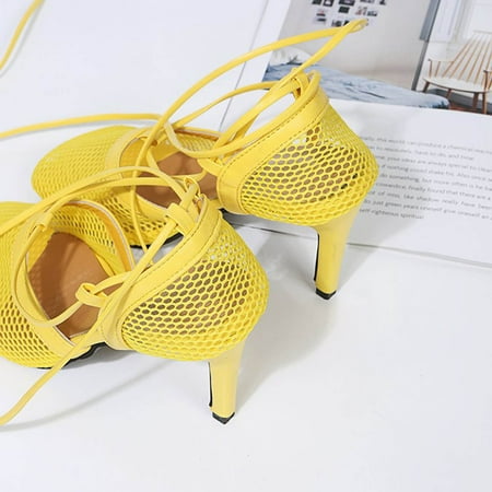 Aayomet Women s Mesh Heels Breathable Toe Strap High Sandals Fashion Summer Women s high heels Women High Heel Shoes Size 6 Yellow 9.5