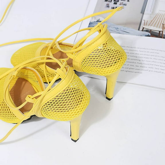 Aayomet Women's Mesh Heels Breathable Toe Strap High Sandals Fashion Summer Women's high heels Women High Heel Shoes Size 6,Yellow 6.5
