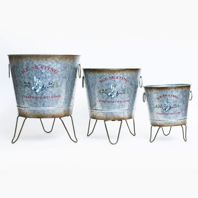 Set Of 3 Metal Pots On Wire Stands "Ice Skating Everybody Welcome" Planters
