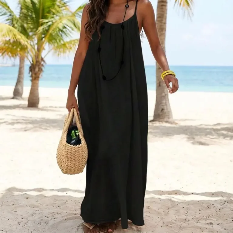 maxi lounge dress Women's Solid Color Cami Dress, Elegant Sleeveless Spaghetti Strap Loose Flowy Backless Beach Sundress Casual Summer Long Dress No stretch Material composition Lounge Now, Brunch Later: Cute