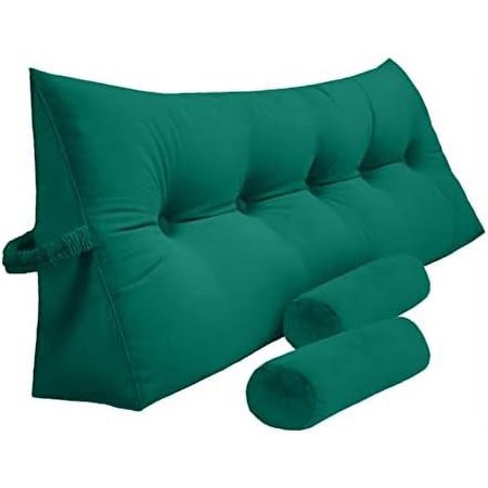 Triangular Reading Bedrest Pillow Large Bolster Cushion Headboard Backrest Wedge Pillow With Two Detachable Roll Pillows For Neck & Lumbar Support (Green, California King 71X8x20 Inches)