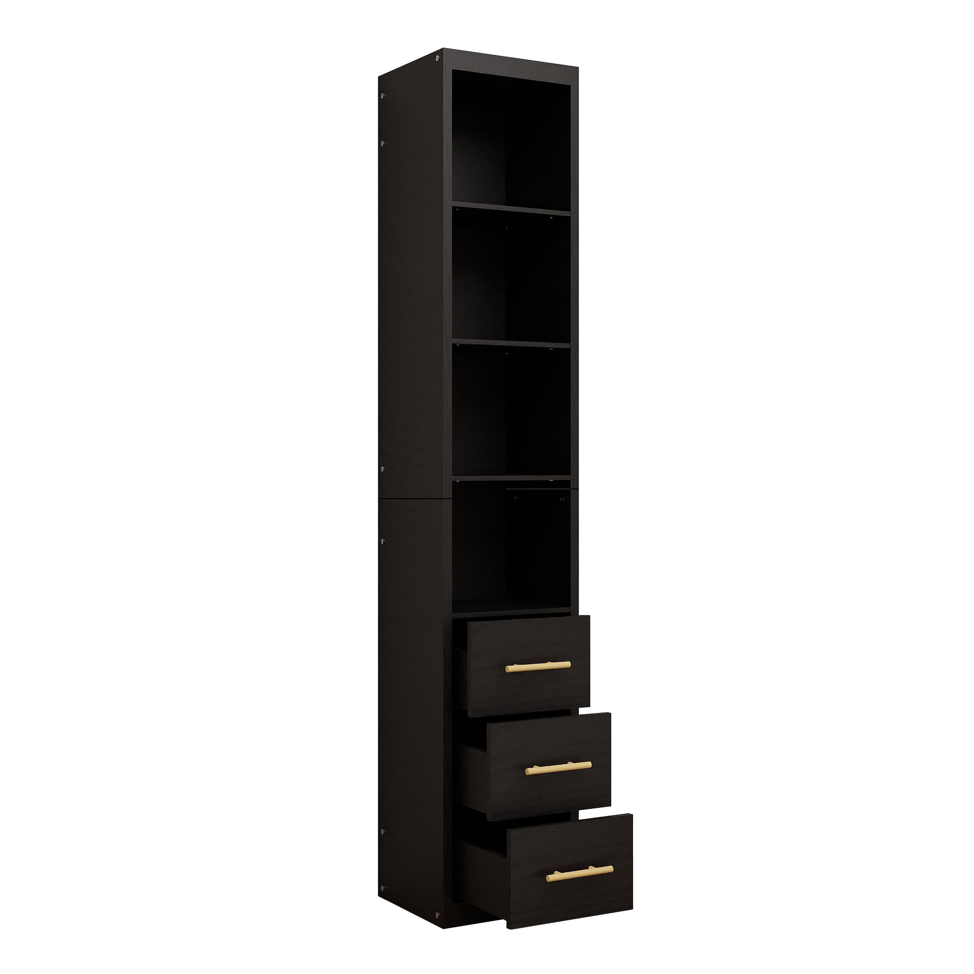 Mintazer 85" Narrow Tall Freestanding Storage Cabinet with 4‑Tier Open Shelves & 3 Drawers, Slim Floor Pantry Cabinet for Kitchen Bathroom Living Room Small Spaces, Black