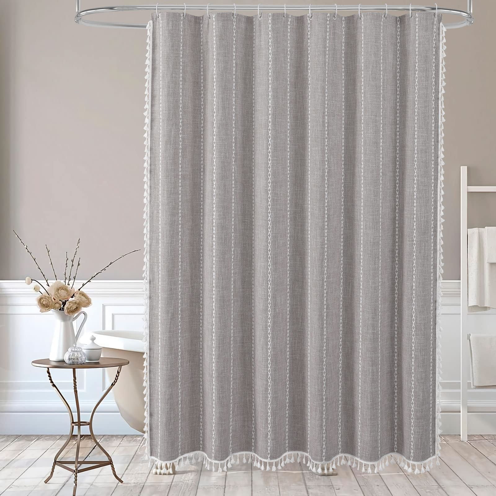 Grey Small Stall Shower Curtain 36 x 72, Half Size Narrow Cotton Linen Fabric Shower Curtains for Boho Farmhouse Bathroom Decor, Wrinkle Resistant Cloth Shower Curtain