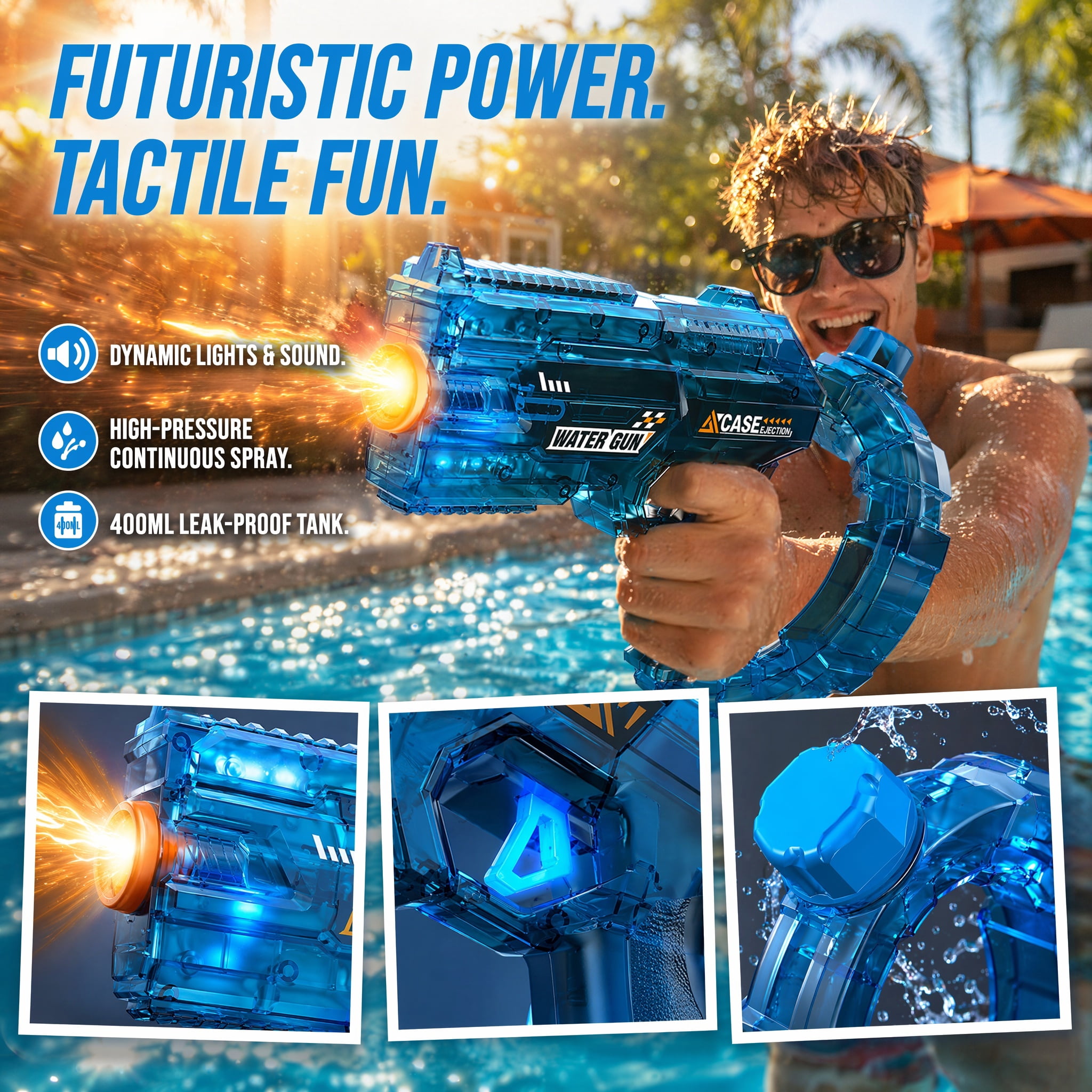 Splashy Gun Water Gun – Automatic Electric Water Gun for Adults, Battery Powered, Outdoor Pool Beach (Blue)