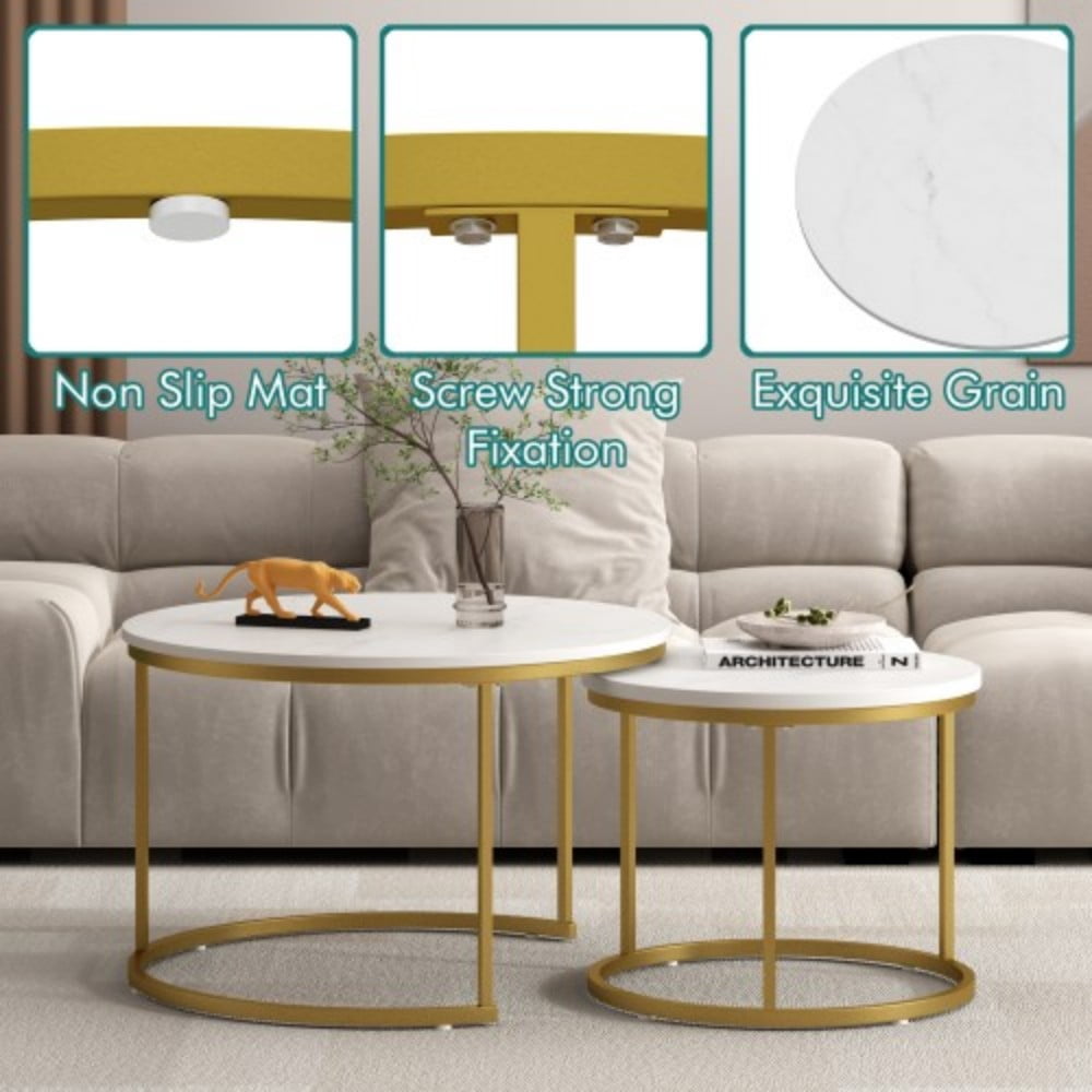 27.6" Nesting Coffee Table Set of 2, Round Wood Marble Pattern Top with Sturdy Metal Frame, Stackable End Tables for Living Room, Bedroom, Office, White & Gold