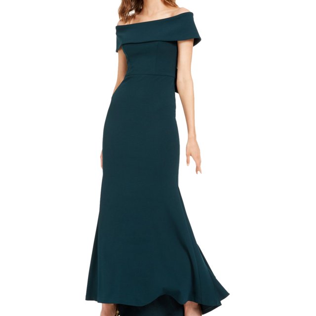 Betsy & Adam Womens Solid Off-The-Shoulder Bow-Back Gown Dress green 14