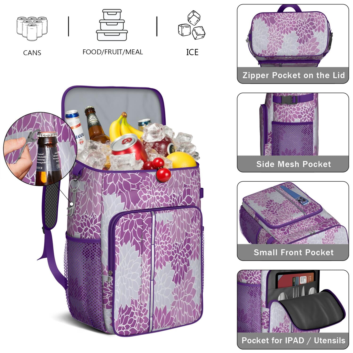 Travel Cooler Bag - Boho Bohemia Pioneer Flower Art Camping Beer Cooler Backpack with Bottle Opener- Waterproof Insulated Picnic Backpacks - Cooler Bag for Beach