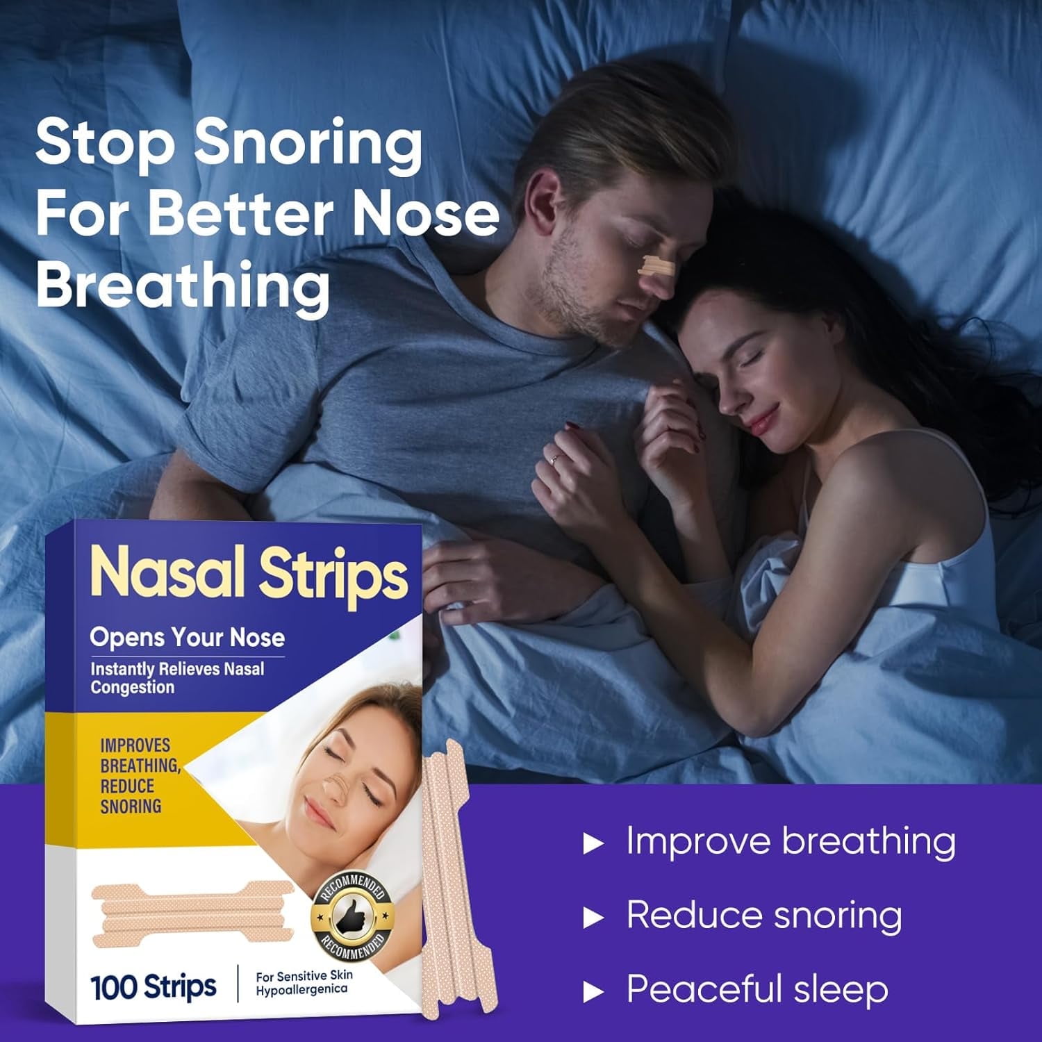 Nasal Strips for Snoring, 100PCS Nose Strips for Breathing, Extra Strength Anti Snoring Solution for Men Women