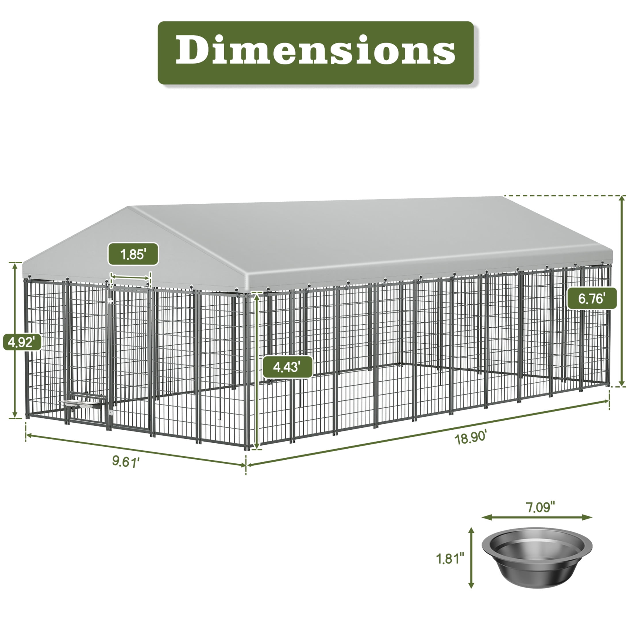 Noble House Large Outdoor Dog Kennel with Roof Cover, Metal Pet Pens 18.9'L x 9.61'W x 6.76'H, Black