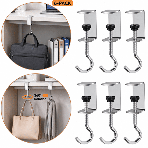 6 Pcs Adjustable Table Hooks for Hanging Bags, Heavy Duty Metal Backpack Hooks for Desk, for Offices, Classrooms and Dorm Rooms