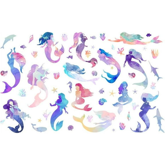 1set Colorful Wall Sticker Mermaid Wall Sticker with Dolphin Sea Animals Shells Removable Vinyl Home Decor Wall Art Art PVC Wall Decal for Girl's Room Decor