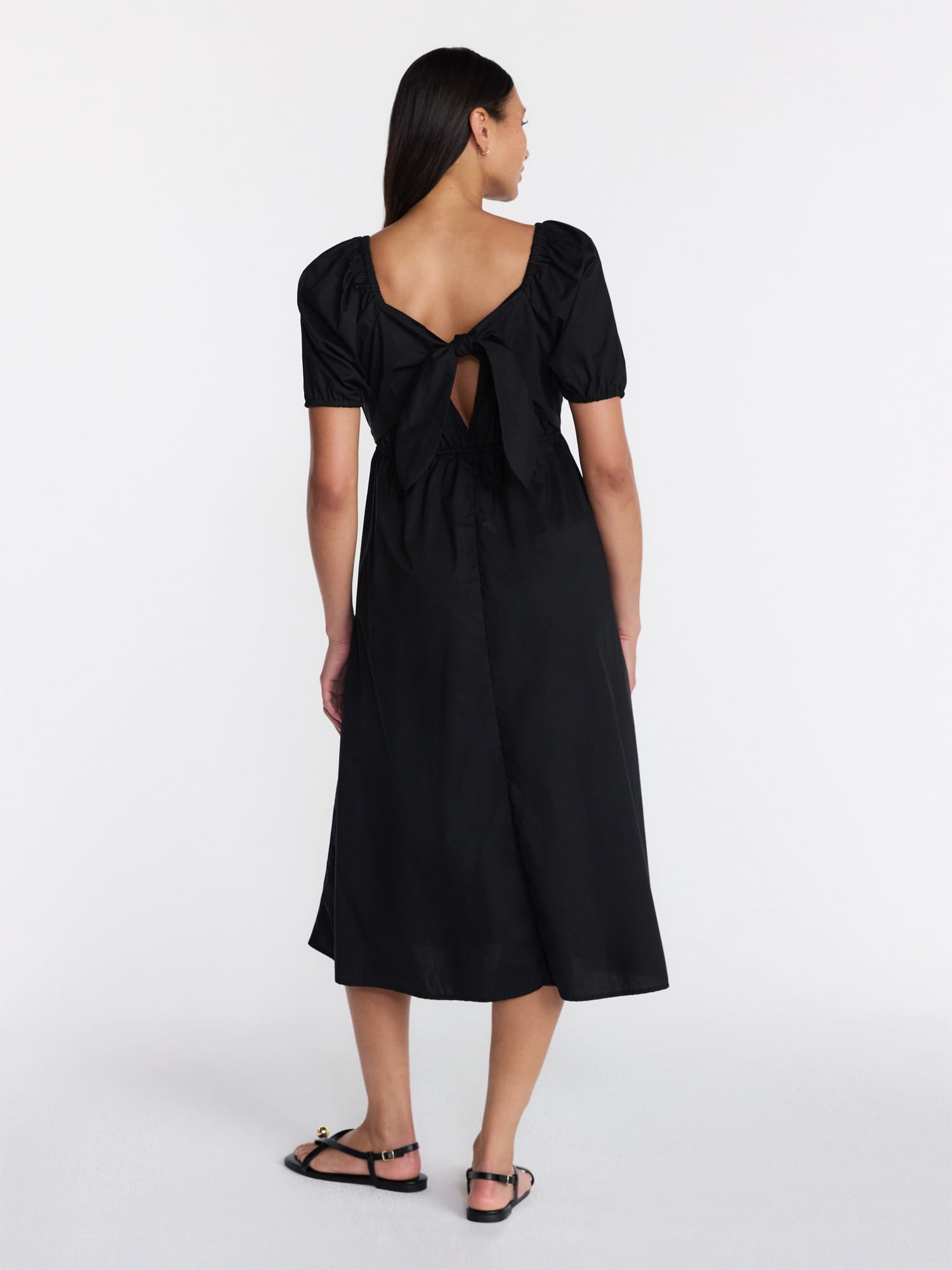 Time and Tru Women's and Women's Plus Cotton Back Tie Midi Dress with Short Puff Sleeves, Sizes XS-4X