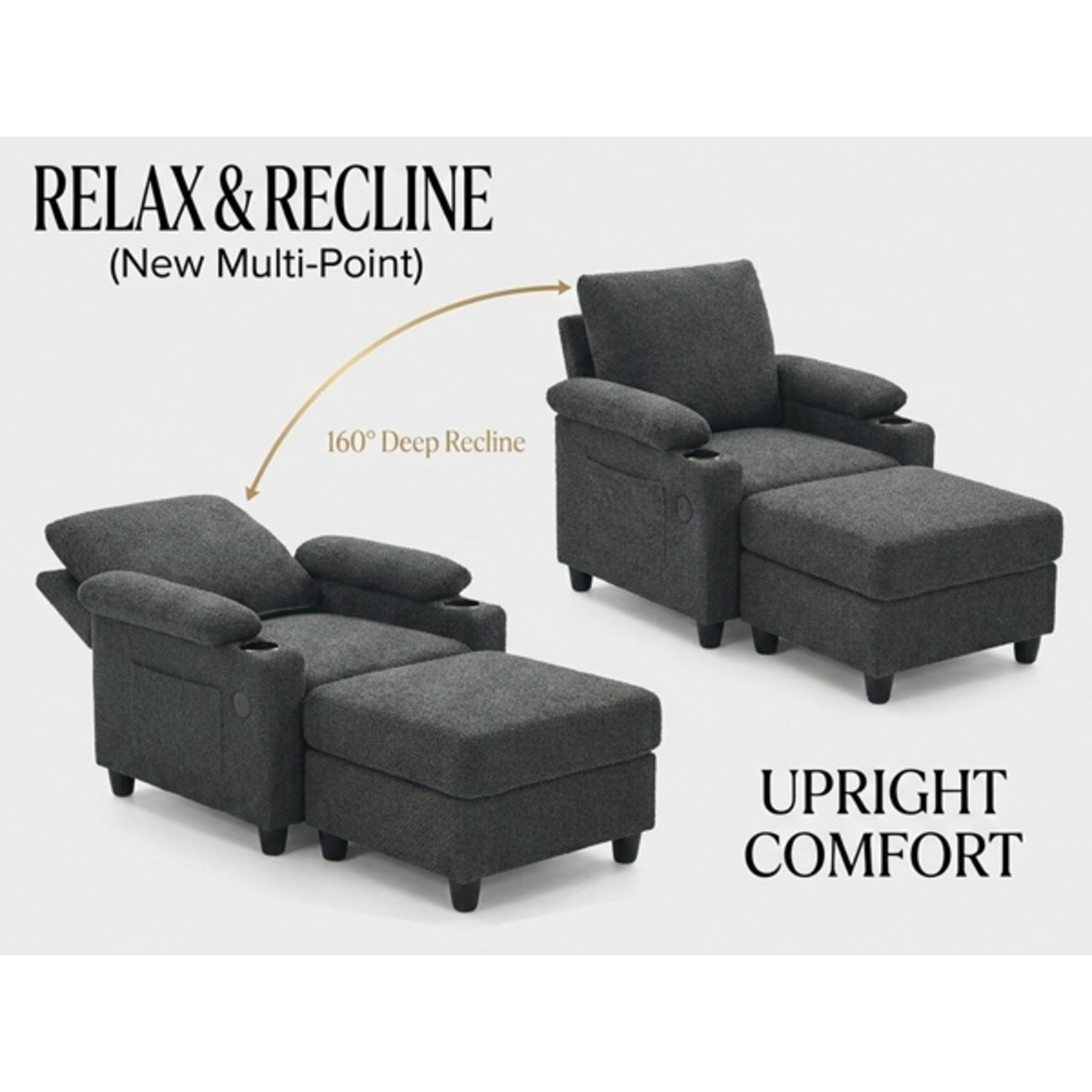 GDF Studio Abriel Accent Chair with Storage Ottoman, USB Ports & Cup Holders, Versatile Chaise Lounge, Dark Gray
