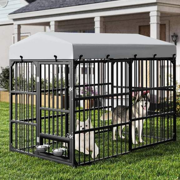 Dextrus Large Outdoor Dog Kennel with Rotating Feeder Bowls, Outdoor Dog Enclosure with Roof, Heavy Duty Dog Kennel,8'L x 4'W x 5.4'H
