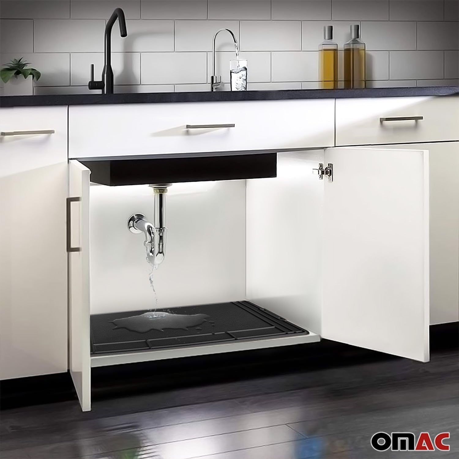 2  Under Sink Mat for Kitchen & Bathroom 34" x 22" Adjustable Waterproof Cabinet Protector for Drips Leaks Spills Filexible Durable Multifunctional Under Sink Liner Rubber TPE (Black)