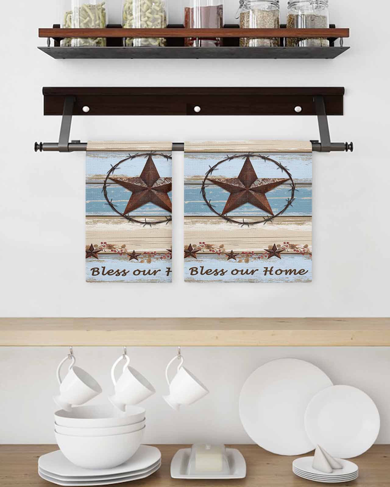 Country Star Blue Kitchen Dish Towels for Drying Dishes Set of 3, Farmhouse Western Texas Star Barn Waffle Weave Microfiber Terry Hand Tea Bathroom Towels Quick Dry & Absorbent Towel 15.7x23.6