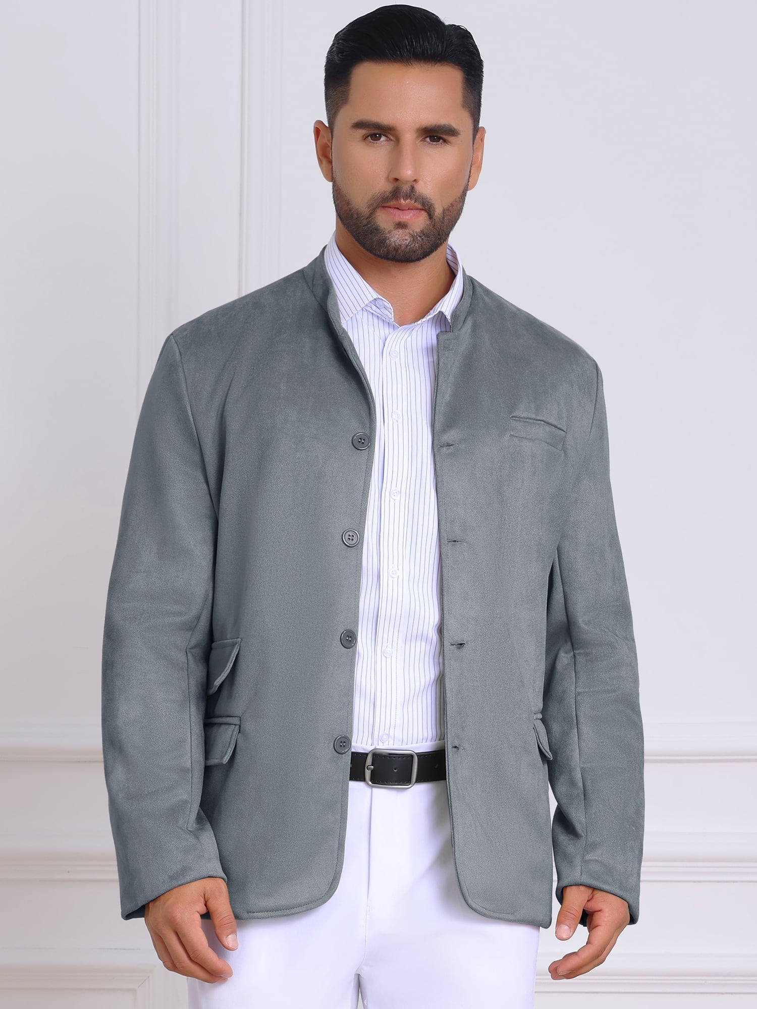 DARING DIVA Men's Suit Jacket Stand Collar Single Breasted Suede Blazer L Gray