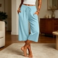thumbnail image 2 of Vynhevius Women's Drawstring Capri Pants Pleated Waist Pockets Loose Wide Leg Casual Trousers, 2 of 9