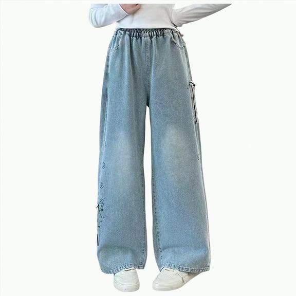 mgoYE Jean for Girls 7-16 Bow Jeans for Girls Wide Leg Baggy Denim Pants Cute High Waisted Trousers Kids Casual Y2k Streetwear with Pockets Ripped Jeans for Girls(Light Blue,5-6 Years)