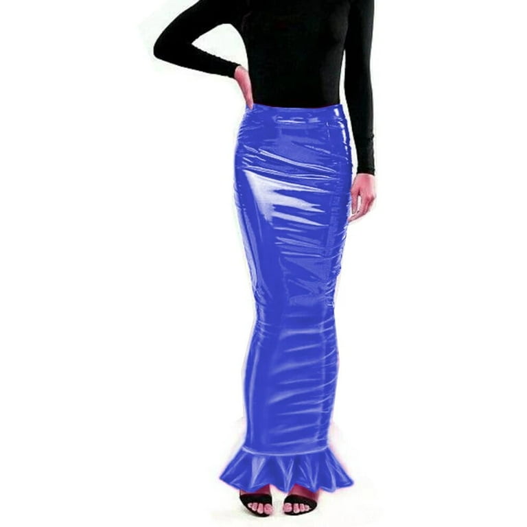 Women Sexy Hobble Ruffles Hem Wraps Hips Skirts High Waist Tight Long Pencil PVC Leather Bondage Skirts Walmart