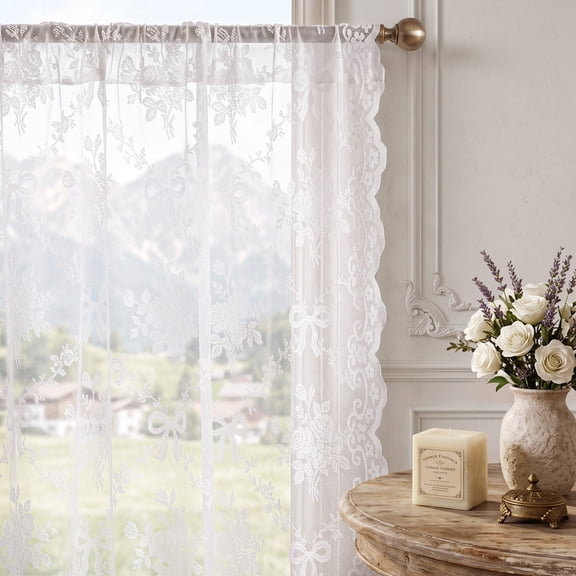NICETOWN White Lace Sheer Curtains 84 Inches Long, Vintage Curtains for Bedroom Living Room Decor, Rod Pocket Drapes with Bows and Rose Patterns, 52 x 84 Inches, 2 Panels