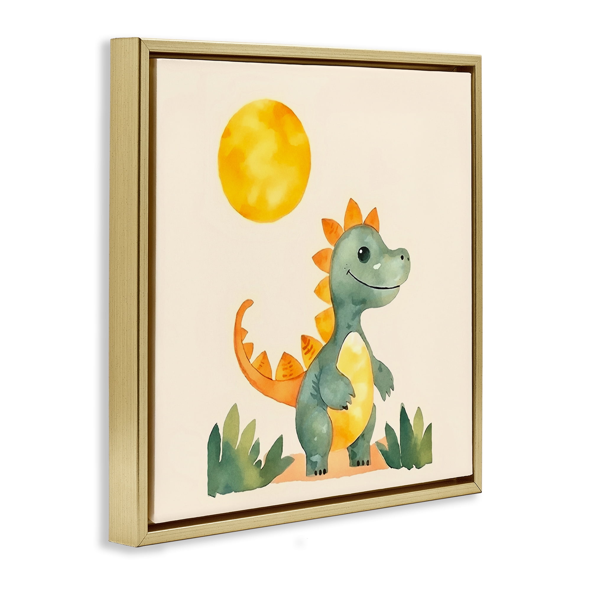 Stupell Industries Happy Dinosaur & Sun Animals Painting Gold Floater Framed Canvas Art Print Wall Art, 18 x 18